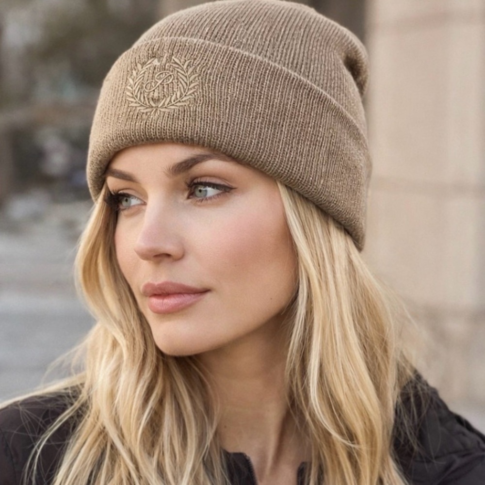 PINK Victoria’s Secret Brown Knit Beanie Embroidered Logo Women